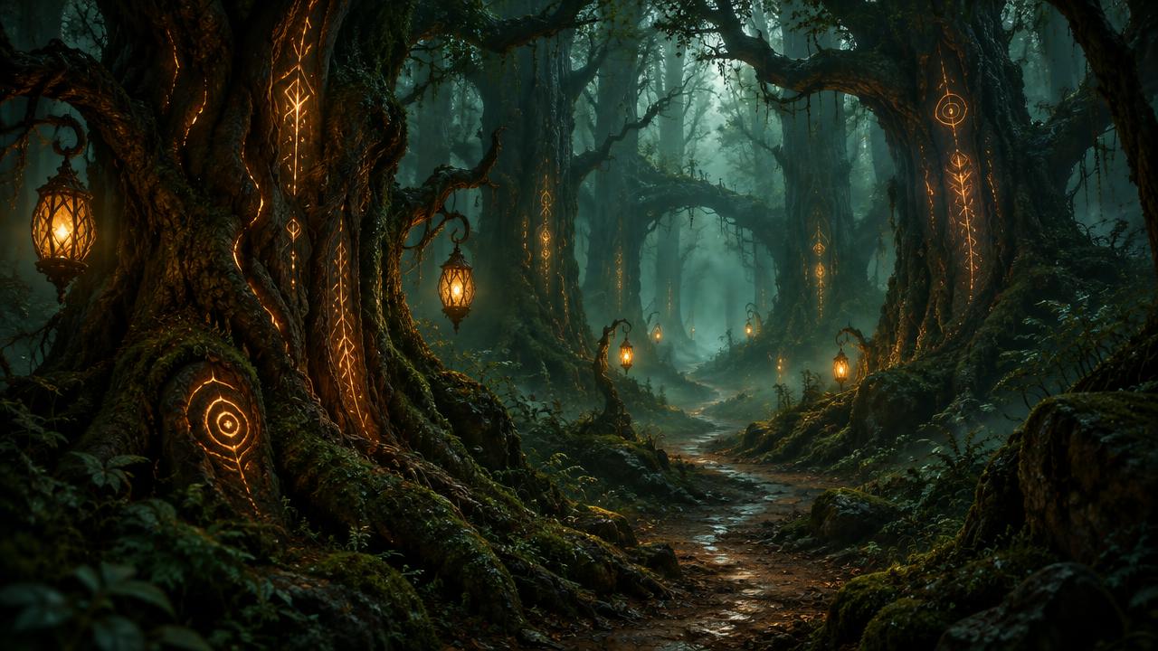 A lantern-lit path winding through the ancient Forest of Language, its trees carved with glowing runes