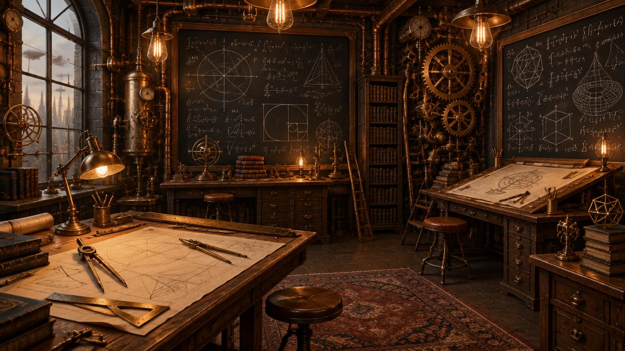 The steampunk Workshop of Mathematics: brass gears, chalkboards of equations and drafting tables